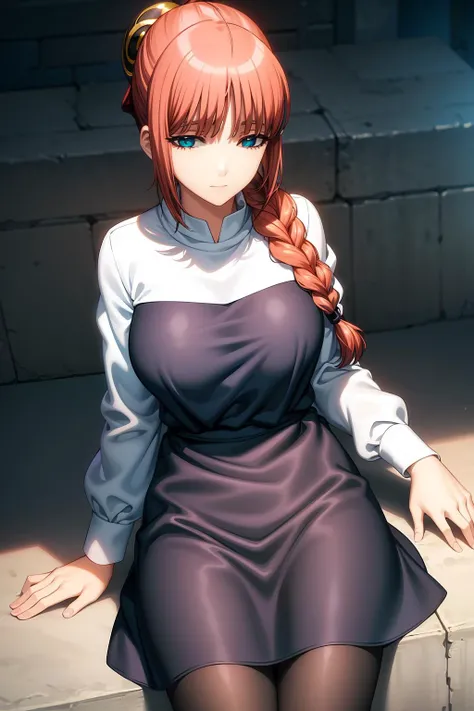 (RAW photo, best quality), masterpiece, an extremely delicate and beautiful, extremely detailed, 2k wallpaper, Amazing, finely detail, extremely detailed CG unity 8k wallpaper, ultra-detailed, highres, soft light, beautiful detailed girl, extremely detailed eyes and face, beautiful detailed nose, beautiful detailed eyes, cinematic lighting, perfect anatomy, beautiful body, hires, best quality, masterpiece, 1girl, solo, long hair, hair ornament, hair over shoulder, braid, orange hair, blue eyes, shirt, long sleeves, dress, pantyhose, sleeveless, black dress, black pantyhose, sleeveless dress, pink shirt, pinafore dress, single braid, yato_kouka, outdoor