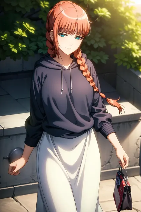 (RAW photo, best quality), masterpiece, an extremely delicate and beautiful, extremely detailed, 2k wallpaper, Amazing, finely detail, extremely detailed CG unity 8k wallpaper, ultra-detailed, highres, soft light, beautiful detailed girl, extremely detailed eyes and face, beautiful detailed nose, beautiful detailed eyes, cinematic lighting, perfect anatomy, beautiful body, hires, best quality, masterpiece, 1girl, solo, long hair, hair ornament, hair over shoulder, braid, orange hair, blue eyes, skirt, long sleeves, dress, alternate costume, hood, bag, long skirts, single braid, yato_kouka, outdoor