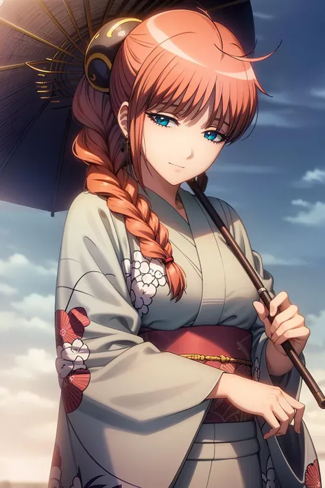 (RAW photo, best quality), masterpiece, an extremely delicate and beautiful, extremely detailed, 2k wallpaper, Amazing, finely detail, extremely detailed CG unity 8k wallpaper, ultra-detailed, highres, soft light, beautiful detailed girl, extremely detailed eyes and face, beautiful detailed nose, beautiful detailed eyes, cinematic lighting, perfect anatomy, beautiful body, hires, best quality, masterpiece, 1girl, solo, long hair, hair ornament, hair over shoulder, braid, orange hair, blue eyes, kimono dress, single braid, yato_kouka, outdoor, umbrella, holding umbrella