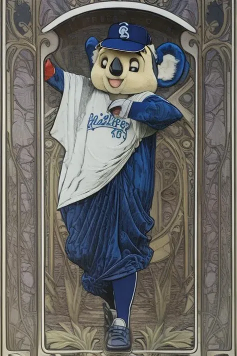 (art nouveau:1.5), <lora:mucha:0.7>, doala, mascot ,baseball cap, Baseball uniform, (dynamic pose:1.3),<lora:Doala-100epochs-V1:1.0>
multicolored background,