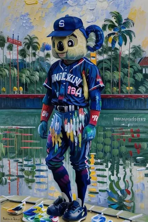 (painting \(medium\):1.5), (colorful), doala, mascot ,baseball cap, upper body, Baseball uniform, <lora:Doala-100epochs-V1:1.0>
 <lyco:monet-wd14v10-000015:1>