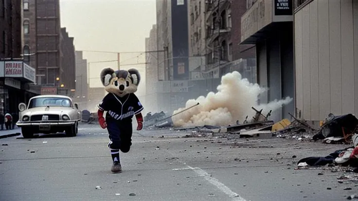 doala, mascot ,baseball cap,baseball uniform,open mouth, <lora:Doala-100epochs-V1:0.7>
(35mmstyle:1), analog style, film-like, raw, hip level shot, 1980s MARVEL film still, running through the abandoned streets of 1980s New York City, action shot, chaos and explosions in the background, cinematic lighting,