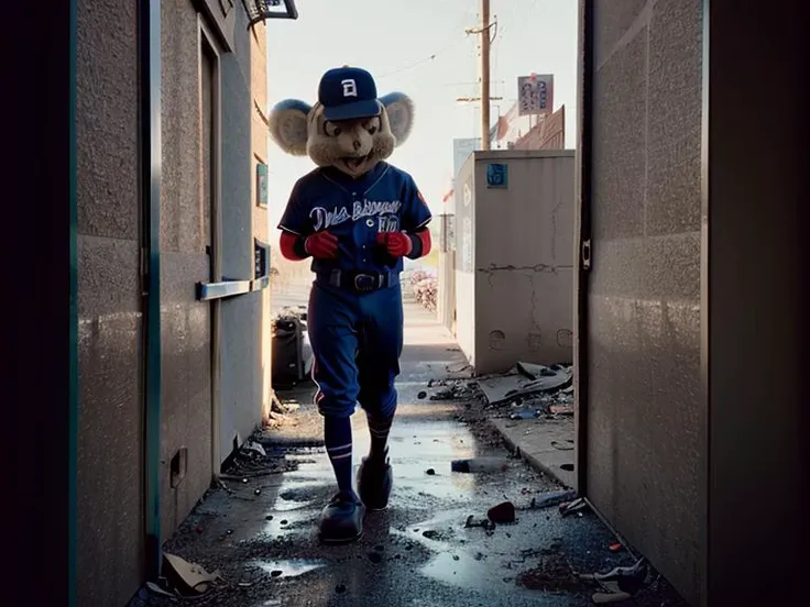 doala, mascot ,baseball cap,baseball uniform,open mouth, <lora:Doala-100epochs-V1:1>
(35mmstyle:1), analog style, film-like, raw, 1980s MARVEL film still, running through the abandoned streets of 1980s New York City, looking at viewer, epic, vivid details, Kodak Ektar 100, C-41 process, MGM Metrocolor, 35mm F1.7 cine lens, film-like, (film grain), film noise, full body, eye contact