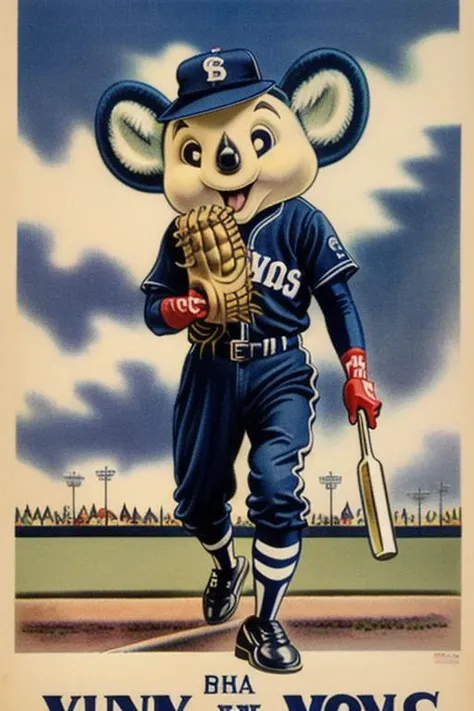 doala, mascot ,baseball cap,baseball uniform,open mouth,running, <lora:Doala-100epochs-V1:1>
A high quality 1920's poster, movieer style