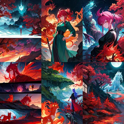 (otherworldly, otherworldly atmosphere, otherworldly appearance), highly insanely detailed, masterpiece, top quality, best quality, highres, 4k, 8k, RAW photo, YuYu Hakusho, Kurama, Kurama \(Yu Yu Hakusho\), (fantasy world)