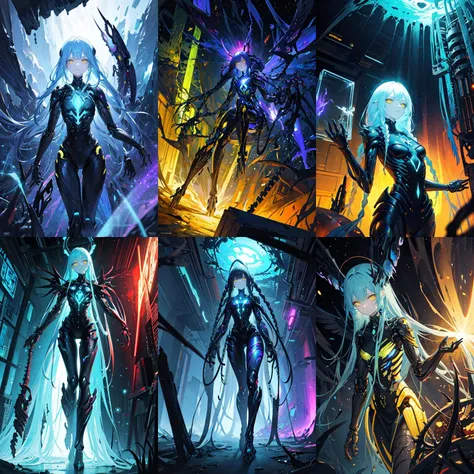 (otherworldly, otherworldly atmosphere, otherworldly appearance), highly insanely detailed, masterpiece, top quality, best quality, highres, 4k, 8k, RAW photo, (box braids:1.2), Caribbean, dark tunnel, 
1girl, cosmic environment, rotten fallen archangel, (yellow eyes), biomechanical android, mechanical body, eerie, creepy, nightmarish, very bright colors, light particles, bioluminescence, wallpaper art, UHD wallpaper, (fantasy world)