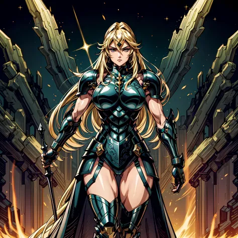 (1girl), wearing a heavy knight armor, dark armor, intricate black and gold armor details, intricate beautiful green fields, legendary, futuristic, saint seiya, long blonde hair, muscular, power pose, highly detailed background, fire in the eyes, aura power, highly detailed<lora:add_detail:1.0>