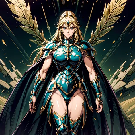 (1girl), wearing a heavy knight armor, dark armor, intricate black and gold armor details, intricate beautiful green fields, legendary, futuristic, saint seiya, long blonde hair, muscular, power pose, highly detailed background, fire in the eyes, aura power, highly detailed, white cape<lora:add_detail:1.0>