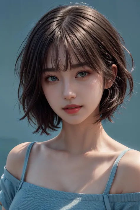 8k HDR,(photo-realistic:1.2),(masterpiece,realistic,extremely delicate and beautiful,ultra detailed,best quality,ultra highres,best shadow),1girl,solo,smiling,green eyes,short hair,bob cut,bangs,portrait,upper body,shoulder,shirt,front view,cowboy shot,dramatic lighting,simple background,blue background,<lora:tianfeng_filmgirls5:0.7:1,0,0,0,0,0,0,0,1,1,0,0,0,0,0,0,0>,<lora:more_details:0.7>,