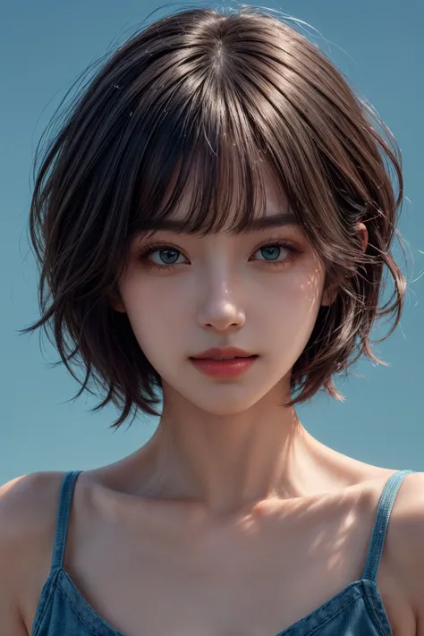 8k HDR,(photo-realistic:1.2),(masterpiece,realistic,extremely delicate and beautiful,ultra detailed,best quality,ultra highres,best shadow),1girl,solo,smiling,green eyes,short hair,bob cut,bangs,portrait,shoulder,shirt,cowboy shot,dramatic lighting,simple background,blue background,<lora:tianfeng_filmgirls5:0.7:1,0,0,0,0,0,0,0,1,1,0,0,0,0,0,0,0>,<lora:more_details:0.7>,