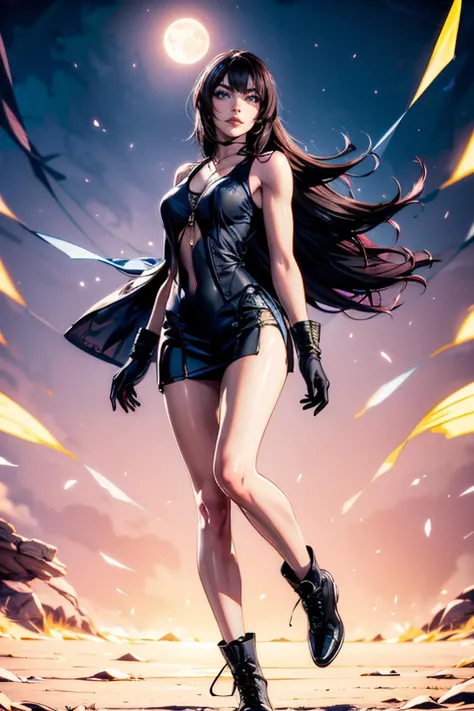 (best quality, masterpiece, colorful, highest detailed), (Final Fantasy), full body shot, perfect perky breasts, beautiful breasts that defy gravity, photography, cute, floating wind black hair, (Rinoa Heartilly) (dressed in opened blue sleeveless dress, black tank top and army cargo pants), attire pose, bokeh, light passing through hair, perfect moonlit night, (golden time:1.2), (official art), Ribs, Skinny, Hip Bones, shiny skin, huge wide breasts,rinoa <lora:Rinoa:1> <lora:add_detail:1.5>, beautiful face, seductive face, leather boost, gloves, muscular, cyberpunk style, metal mask, detail fingers, <lora:ulzzang-6500:0.6> <lora:tianfeng_filmgirls5:0.6>