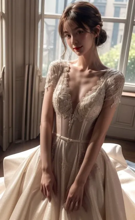 1girl,solo,small breasts,looking at viewer,nsfw,pose,smile,blunt bangs,(eyeliner,blush:0.9),(((sex suggestive,bright red lips,slim))),(pale skin:1.2),beautiful bridal dress,timeless elegant & exquisite,//stunning narrow waist,<lora:pureerosface_v1:0.3>,<lora:tianfeng_filmgirls5:0.5>,liquid crystal fluid radiant cinematic lighting,(realistic, photo-realistic:1.37),(sharp focus:1.2), full body (8k, RAW photo, best quality, masterpiece:1.2),professional lighting, photon mapping, radiosity, physically-based rendering, clear shadows & highlights,nsfw, portrait,<lora:add_detail:1>, <lora:0263 Florence Dream_v1:0.7>