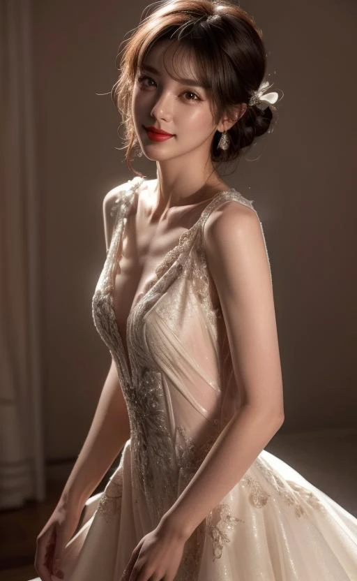 1girl,solo,small breasts,looking at viewer,nsfw,pose,smile,blunt bangs,(eyeliner,blush:0.9),(((sex suggestive,bright red lips,slim))),(pale skin:1.2),beautiful bridal dress,timeless elegant & exquisite,//stunning narrow waist,<lora:pureerosface_v1:0.3>,<lora:tianfeng_filmgirls5:0.5>,liquid crystal fluid radiant cinematic lighting,(realistic, photo-realistic:1.37),(sharp focus:1.2), full body (8k, RAW photo, best quality, masterpiece:1.2),professional lighting, photon mapping, radiosity, physically-based rendering, clear shadows & highlights,nsfw, portrait,<lora:add_detail:1>, <lora:0263 Florence Dream_v1:0.7>
