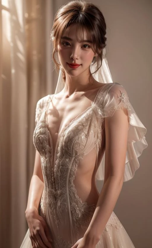 1girl,solo,small breasts,looking at viewer,nsfw,pose,smile,blunt bangs,(eyeliner,blush:0.9),(((sex suggestive,bright red lips,slim))),(pale skin:1.2),beautiful bridal dress,timeless elegant & exquisite,//stunning narrow waist,<lora:pureerosface_v1:0.3>,<lora:tianfeng_filmgirls5:0.5>,liquid crystal fluid radiant cinematic lighting,(realistic, photo-realistic:1.37),(sharp focus:1.2), full body (8k, RAW photo, best quality, masterpiece:1.2),professional lighting, photon mapping, radiosity, physically-based rendering, clear shadows & highlights,nsfw, portrait,<lora:add_detail:1>, <lora:0263 Florence Dream_v1:0.7>
