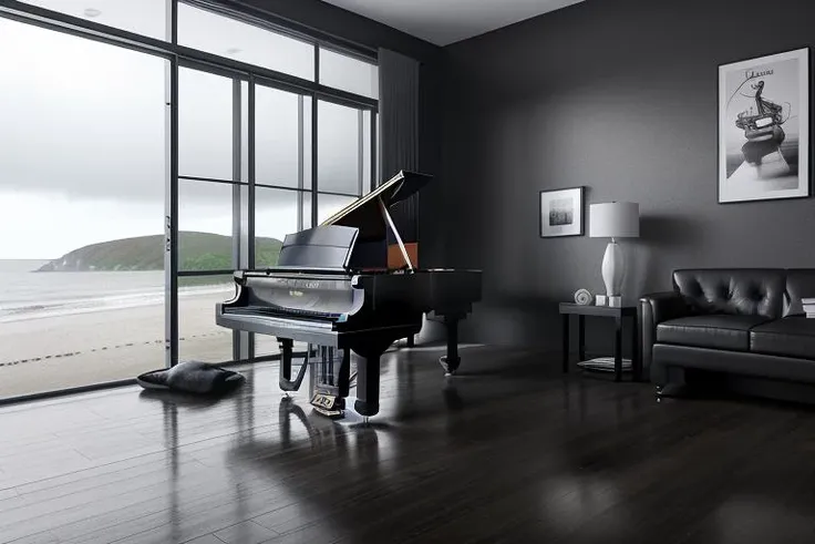 ((Realistic)), camera lens, super high resolution, (Realistic Scenes: 2), ((1 Floor-to-ceiling window)), （heavy rainstorm）, smooth black wooden floor, ((1 grand piano)), interior, cool tones，close up shot，seaside，windows with the sea beyond，camera facing window，beach，Epic level composition，