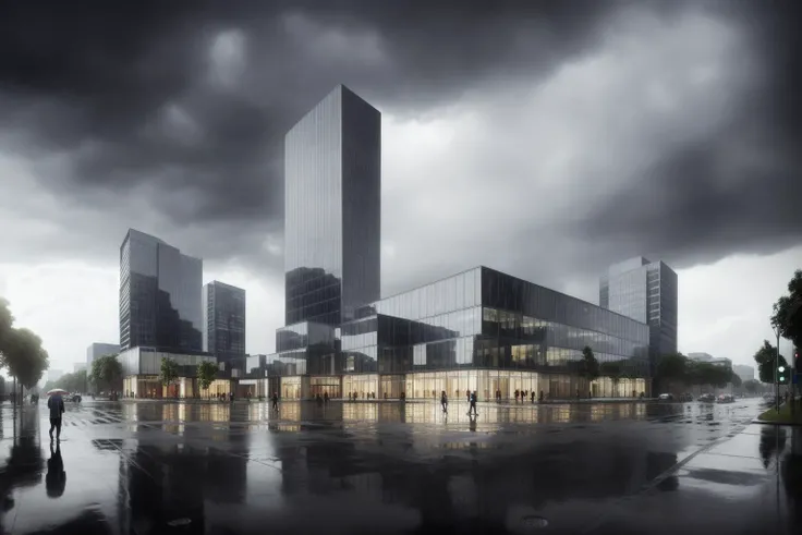 ((Best quality)),((masterpiece)),((realistic)),architecture,Super high-rise office building,Ground floor commercial podium,It's just rained and there's water on the ground,Dark cloud,