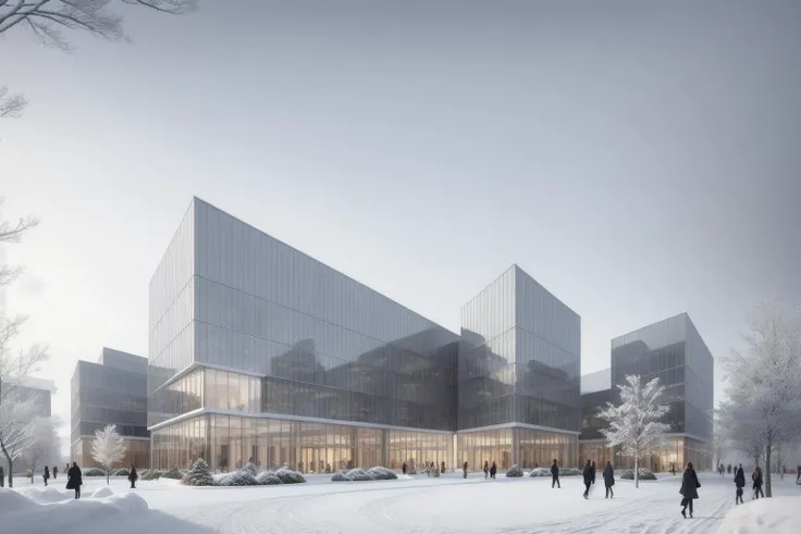 ((Best quality)), ((masterpiece)), ((realistic)), depict a multi-story office building as it rises majestically in an urban cityscape. The surroundings are transformed into a breathtaking winter wonderland. Envelop the building in a serene snowfall, enhancing its architectural features with a touch of whimsy. Utilize soft and diffused lighting to create a cozy and inviting atmosphere. As the artist, employ a contemporary and architectural style that showcases the building's design elements. Utilize 3D modeling and visualization techniques to craft a captivating and immersive scene. Embrace a color scheme dominated by cool tones, with shades of white and blue to capture the essence of the snowy day. Let the composition reflect the grandeur of the building amidst the enchanting winter setting