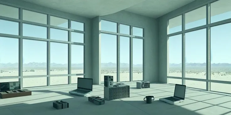 <lora:Glitching:0.6> Modern architecture room, with no furniture,  in the room there is a big window, in the room there is a laptop computer, the laptop says "404" in the screen. You can see a desert through the big windows. The image is glitched.