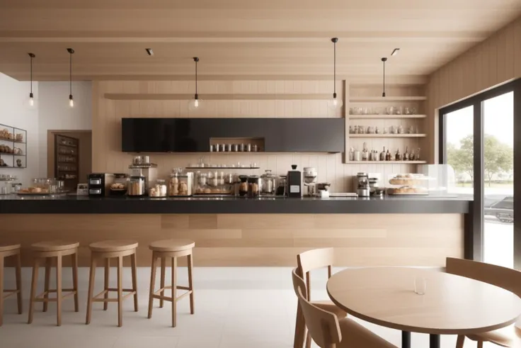 ((Best quality)), ((masterpiece)), ((realistic)), design a modern minimalist caf with a serene and stylish ambiance. The artwork should depict an interior space that exudes simplicity and elegance. The lighting in the caf should be warm and cozy, creating a welcoming atmosphere for patrons. The style should embrace minimalism, focusing on clean lines, open spaces, and a sense of tranquility. The color scheme should consist of neutral tones, complemented by accents of natural materials such as wood and stone. The computer graphics used should be of high quality, ensuring a detailed and realistic rendering of the caf's interior. The final artwork should be a scenic masterpiece, capturing the essence of a modern minimalist caf where customers can enjoy a calm and sophisticated atmosphere.