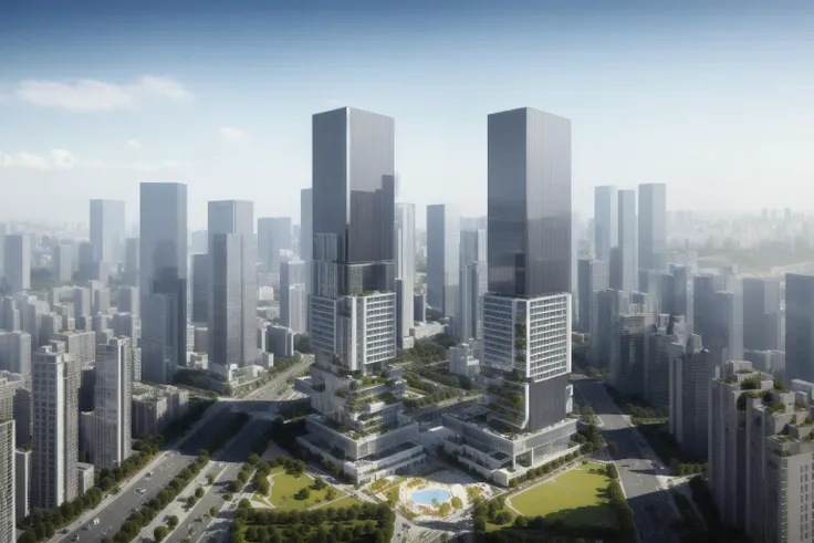 ((Best quality)),((masterpiece)),((realistic)),architecture,Aerial view,Urban environment,Super high-rise complex,Clear day effect,