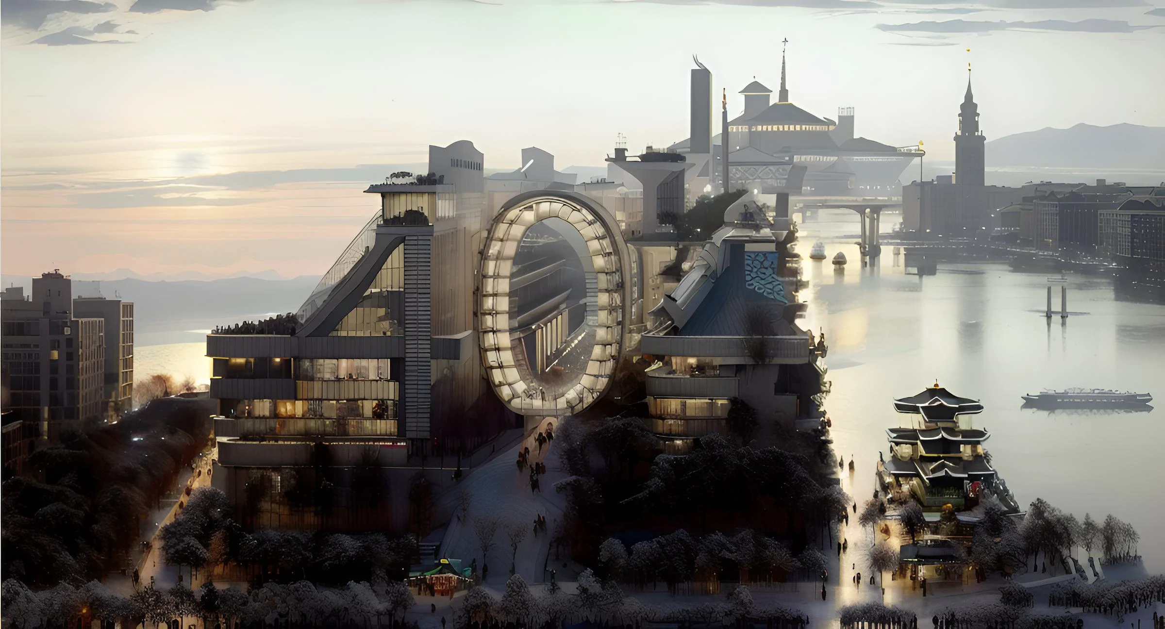 (masterpiece:1.3), (best quality:1.2), chiaroscuro, ( Hyperdetailed, Americana, scenery, city, vivid colors, buildings, idealized American city, busy city center, downtown, resplendent Christmas market, radiant winter morning, city square, Christmas trees, Christmas lights strewn on a lot of trees along the pedestrian walkways and streets, ), soft natural volumetric cinematic perfect light, perfect depth of field shot, ray tracing, photometry, beautiful, photograph, it's the happiest day in the whole world because it's Christmas time, snow snow lovely snow,
(uploaded and trending on imgur, pixiv, furaffinity, pinterest, e621, inkbunny, tumblr, playground, deviantart, artstation, ),
(in the style of and art by midjourney, greg rutkowski, raphael, Frank Lloyd Wright, James Gurney, Thomas Kinkade, ),
<lora:AmericanaArchitecture:1>