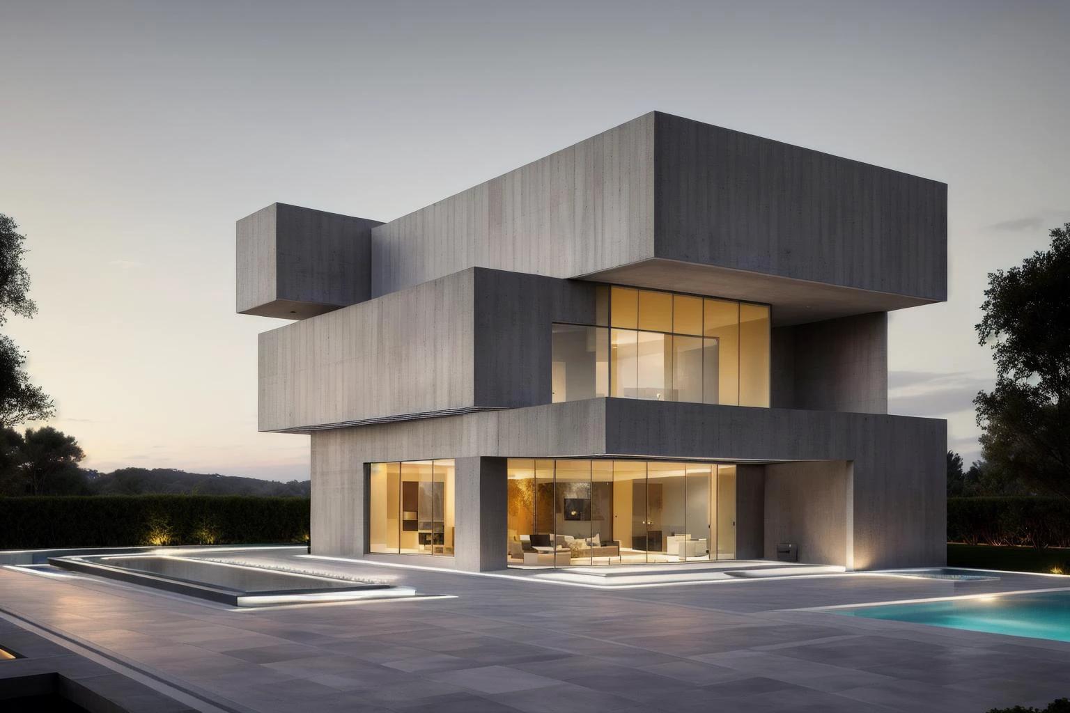 ((Best quality)), ((masterpiece)), ((realistic)), portray a modern villa with a striking concrete facade. The villa stands confidently, capturing attention within a residential neighborhood. The serene and well-maintained environment provides a tranquil backdrop. Illuminate the scene with warm, orange-yellow lighting to create an atmospheric and inviting atmosphere, reminiscent of a picturesque twilight. As the artist, embrace a contemporary and sleek style in the architectural design. Utilize 3D visualization techniques to bring the composition to life, highlighting the villa's striking qualities. Adhere to a monochromatic color scheme, emphasizing concrete gray with warm accents, adding depth and visual interest. Capture the essence of this architectural marvel with its striking presence and warm, twilight ambiance.