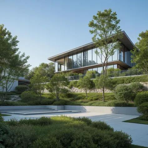 modern house on a hill overlooking the sea, style of (tadao ando), style of (louis kahn), concrete, blue sky, grass, acer palmatum