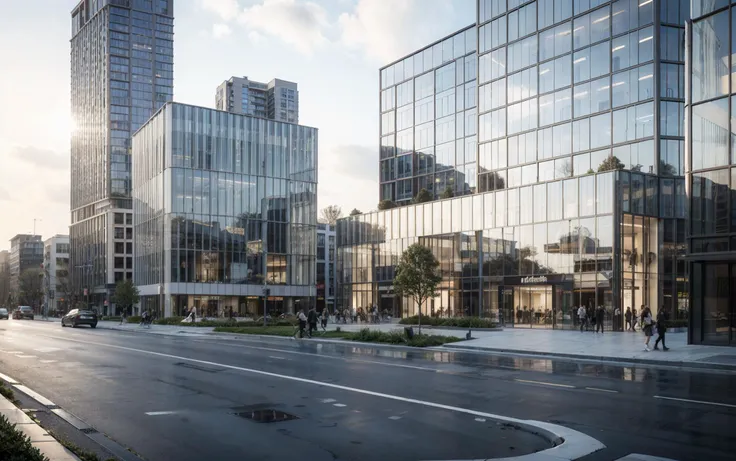 masterpiece,realistic,best quality,high-rise office building,architectural renderings,horizen facade,rendered renderings,tree,vehicle,landscape,cloudy_sky,road,street,city,curtain wall,high-rise complex,(road:1.3),car,