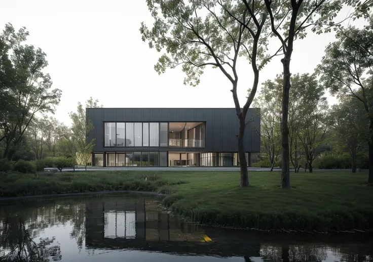 ultra realistic,4K,cinematic,high contrast,forest,villa,tree,creek,modern building,steel,glass,