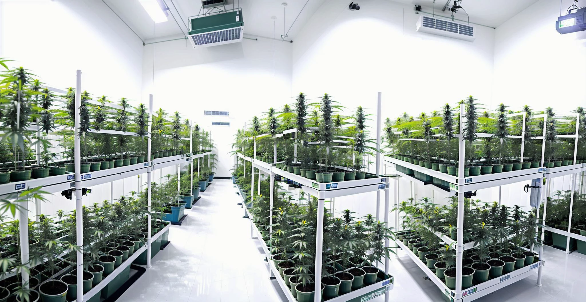 Indoor marijuana growing room, multiple rows of hanging planting lights, plants show a healthy green, plants are placed in white containers with blue and yellow borders, overlooking the Angle, the ceiling is neatly LED lights, unified white lights, lights reflected on the plants, <lora:GANnabis:0.4>,industrialization,intelligentize,High technology,fining,overlook,Hemp seedling,, Indoor marijuana growing room, multiple rows of hanging planting lights, plants show a healthy green, plants are placed in white containers with blue and yellow borders, overlooking the Angle, the ceiling is neatly LED lights, unified white lights, lights reflected on the plants,