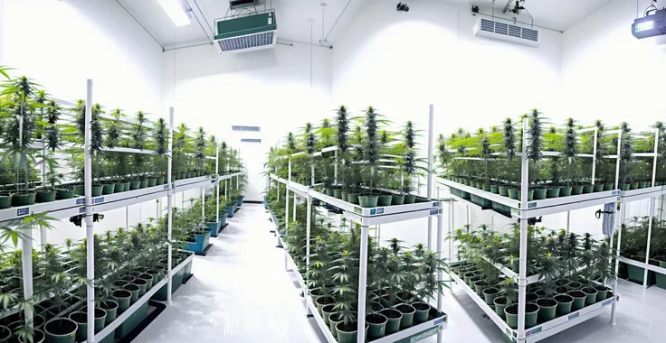 Indoor marijuana growing room, multiple rows of hanging planting lights, plants show a healthy green, plants are placed in white containers with blue and yellow borders, overlooking the Angle, the ceiling is neatly LED lights, unified white lights, lights reflected on the plants,  <lora:GANnabis:0.4>,industrialization,intelligentize,High technology,fining,overlook,Hemp seedling,, Indoor marijuana growing room, multiple rows of hanging planting lights, plants show a healthy green, plants are placed in white containers with blue and yellow borders, overlooking the Angle, the ceiling is neatly LED lights, unified white lights, lights reflected on the plants,