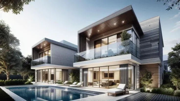 ((Best quality)), ((masterpiece)), ((realistic)), modern villa, Large balcony, glass, trees, patio, modern architecture, visually striking, urban landscape, natural and earthy tones <lora:more_details:0.7>