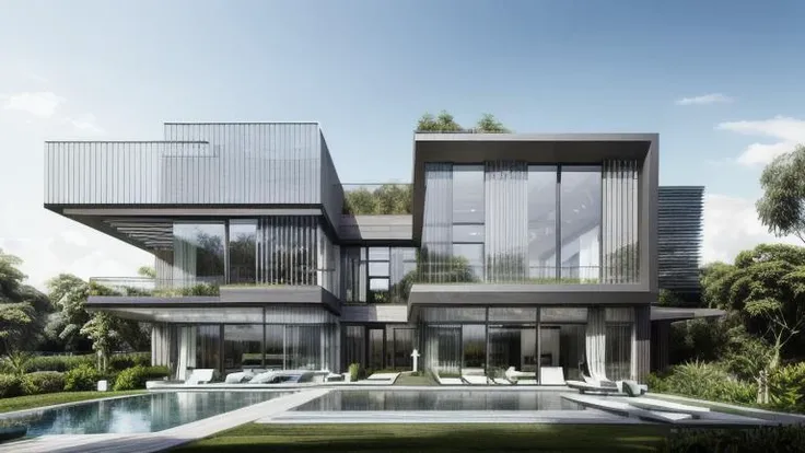 ((Best quality)), ((masterpiece)), ((realistic)), modern villa, glass facade, green spaces, contemporary architectural, lush greenery, dramatic, visually striking, urban landscape, with natural daylight , natural and earthy tones <lora:more_details:0.7>