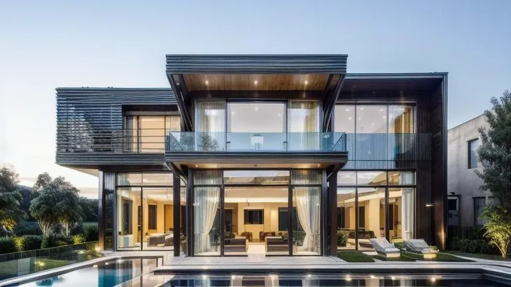 ((Best quality)), ((masterpiece)), ((realistic)), modern villa, Large balcony, glass, trees, patio, modern architecture, visually striking, urban landscape, natural and earthy tones <lora:more_details:0.7>