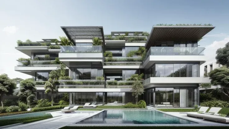 ((Best quality)), ((masterpiece)), ((realistic)), modern villa, multi story, concrete facade, green spaces, high walls, overhangs, pergola, lush greenery, dramatic, visually striking, urban landscape, with natural daylight , natural and earthy tones <lora:more_details:0.7>