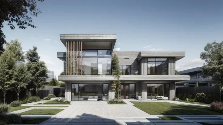 ((Best quality)), ((masterpiece)), ((realistic)), modern villa, vancouver, multi story, concrete facade, high walls, overhangs, pergola, dramatic, evening, visually striking, urban landscape, with natural daylight , natural and earthy tones <lora:more_details:0.7>