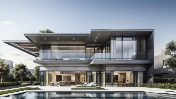 ((Best quality)), ((masterpiece)), ((realistic)), modern villa, multi story, concrete facade, high walls, overhangs, pergola, dramatic, evening, visually striking, urban landscape, with natural daylight , natural and earthy tones <lora:more_details:0.7>