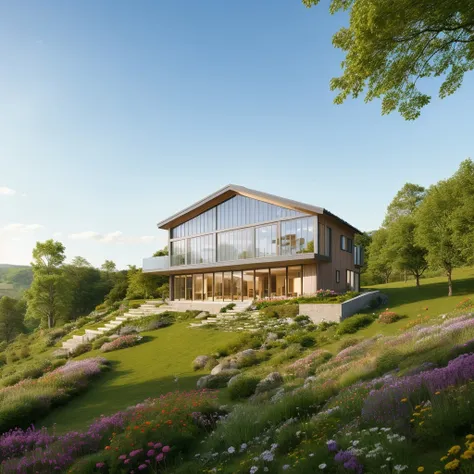 a small and beautiful modern house on a slope of a green hill, the hill has millions of tiny colorful wild flowers, blue sky as background, high details, masterpiece, highres, best quality