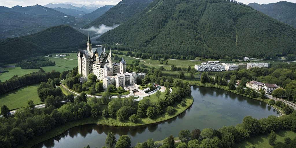 ((masterpiece, best quality)), <lora:Neuschwanstein_Castle:0.8>, high resolution, highly detailed, Neuschwanstein Castle, day, tree, traditional media, forest, mountain, landscape
