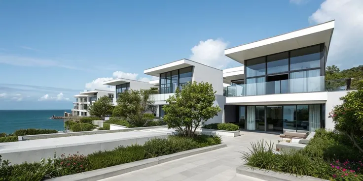 whtBldng, coastal town, small houses, balconies, flower pots, sea view, staircase, blue sky, white clouds BREAK ([detailed|intricate|complex|various]:0.5) <lora:WhiteBuildings:0.8>