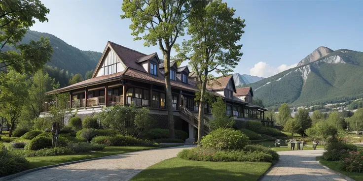 ((masterpiece, best quality)), high resolution, highly detailed, Castle hotel, day with sunshine, tree, traditional media, forest, mountain, landscape