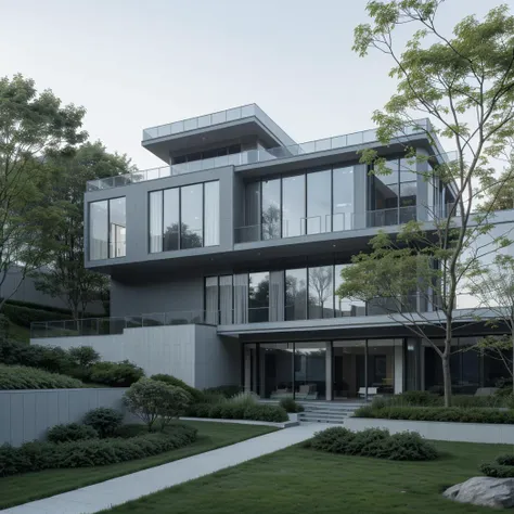 modern house on a hill overlooking the sea, style of (tadao ando), style of (louis kahn), concrete, blue sky, grass, acer palmatum <lora:Architectural cross section perspective:1>