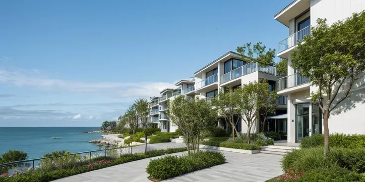 whtBldng, coastal town, small houses, balconies, flower pots, sea view, staircase, blue sky, white clouds BREAK ([detailed|intricate|complex|various]:0.5) <lora:WhiteBuildings:0.8>