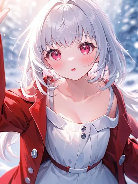 ultra-detailed,(best quality),((masterpiece)),(highres),original,extremely,<lora:kalala_Dim8:1>,Clara, 1girl, solo, looking at viewer, blush, sleeves past wrists, long sleeves, red coat, parted lips, dress, white dress, blurry, depth of field, red jacket, coat, collarbone, hands up
