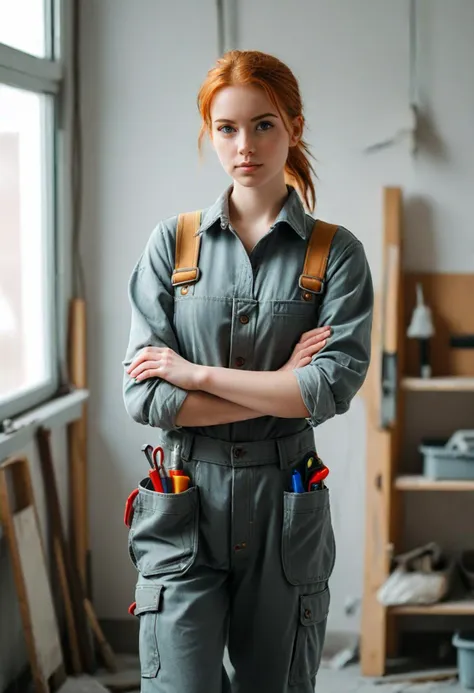 (medium full shot) of (diligent plumber) young woman, slender build, short ginger ponytail hair, canadian, fair skin, hazel eyes, wearing a gray flannel shirt, coveralls, safety shoes, utility belt safety goggles, carrying a toolbox, set in  a minimalist workshop, with clean lines, simple decor, essential tools neatly arranged, and ample workspace, in the afternoon, ,Masterpiece,best quality, photo, realistic, very aesthetic