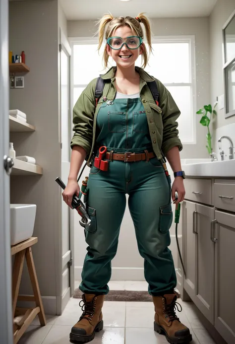 (medium full shot) of (professional plumber) young woman, full-figured build, short blonde pigtails hair, mexican, mocha skin, olive green eyes, wearing a green denim jacket, overalls, waterproof boots, safety goggles utility belt, carrying a pipe wrench, set in  a small bathroom, with a leaky faucet, organized tools, repair materials, and a focused plumber , in the afternoon, woman smiling, ,Masterpiece,best quality, raw photo, realistic, very aesthetic