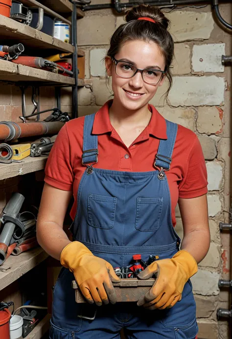 (medium full shot) of (practical plumber) young woman, willowy build, short dark bun hair, south african, dark skin, black eyes, wearing a red polo shirt, overalls, steel-toe boots, safety goggles work gloves, carrying a toolbox, set in  an old basement, with rusty pipes, essential repair tools, careful repair approach, and experienced plumber, woman smiling, ,Masterpiece,best quality, photo, realistic, very aesthetic, detailed face,