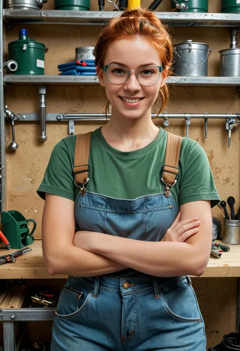 (medium full shot) of (reliable plumber) young woman, normal build, short ginger updo hair, african, dark skin, brown eyes, wearing a green t-shirt, jeans, steel-toe boots, knee pads safety goggles, carrying a set of plumbing tools, set in  a small workshop, with neat tool racks, cozy work area, well-stocked shelves, and efficient lighting, in the afternoon, woman smiling, ,Masterpiece,best quality, photo, realistic, very aesthetic, detailed face,