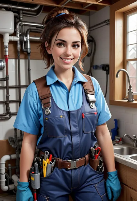 (medium full shot) of (hardworking plumber) young woman, Medium build, short brown updo hair, arabian, mahogany skin, hazel eyes, wearing a blue reflective vest, coveralls, steel-toe boots, headlamp utility belt, carrying a set of plumbing tools, set in  a large home, with multiple plumbing issues, well-stocked tool kit, professional approach, and thorough repair work, in the afternoon, woman smiling, ,Masterpiece,best quality, raw photo, realistic, very aesthetic