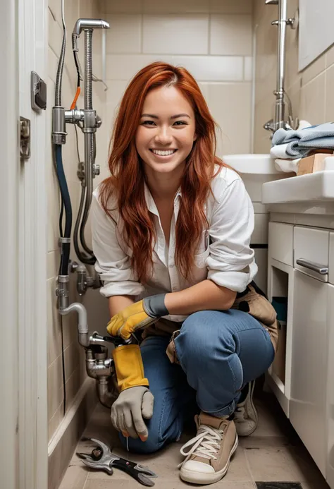 (medium full shot) of (practical plumber) young woman, Average build, long red layered cut hair, philippine, light skin, brown eyes, wearing a white flannel shirt, work trousers, sneakers, work gloves knee pads, carrying a set of plumbing tools, set in  a small bathroom, with a leaky faucet, organized tools, repair materials, and a focused plumber , woman smiling, ,Masterpiece,best quality, raw photo, realistic, very aesthetic